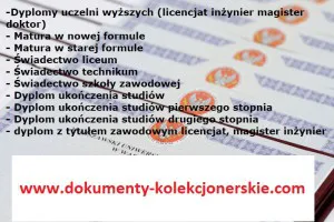 Dyplom ukończenia studiów, średnie, matura z wpisem.